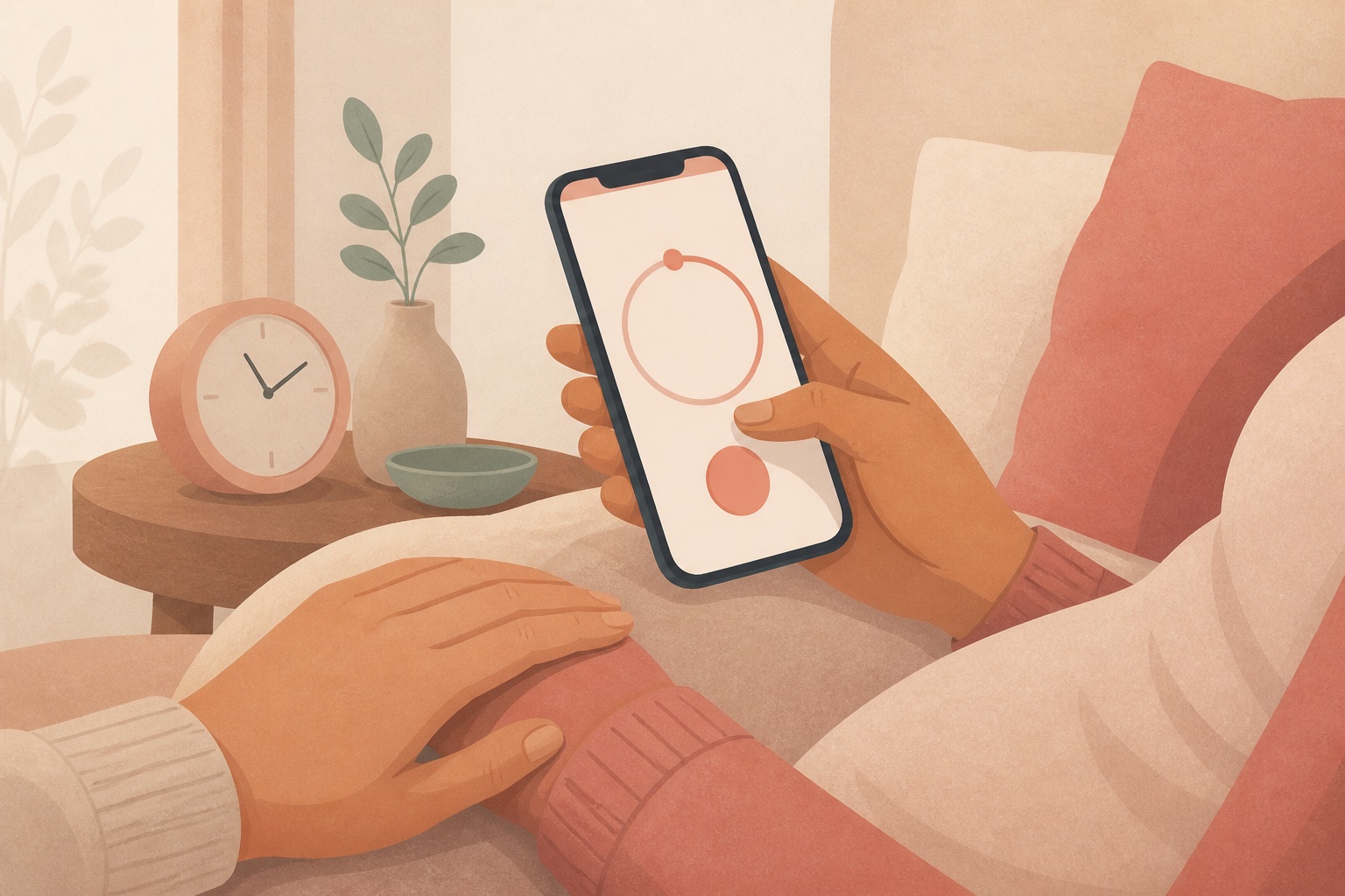 Editorial illustration of one person timing a contraction on a phone while another offers a supportive hand.